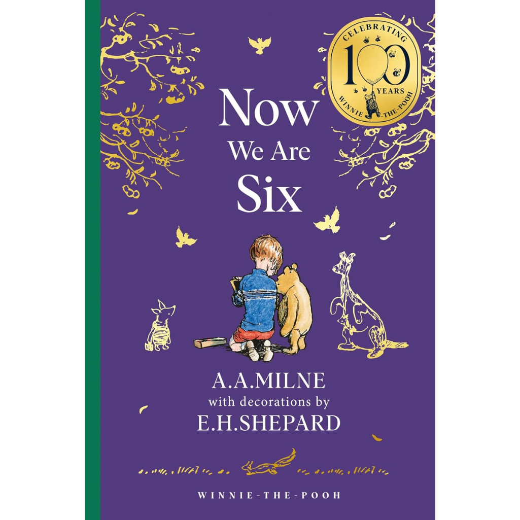 Book cover of 'Now We Are Six' by A.A. Milne with illustrations of a child and Winnie the Pooh.
