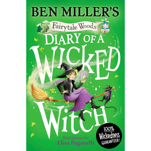 Book cover of 'Diary of a Wicked Witch' with a witch on a broom and cat, green background
