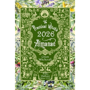 Green book titled 'The Practical Witch's 2026 Almanac' with decorative patterns and herbs on a white background.