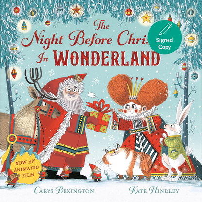 Book cover of 'The Night Before Christmas in Wonderland' with festive characters and decorations.