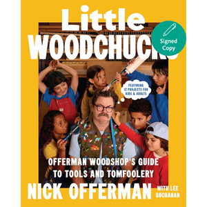 Book cover of 'Little Woodchuck' featuring Nick Offerman and children in a workshop setting.