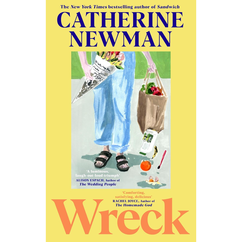 Book cover of 'Wreck' by Catherine Newman with a yellow background and illustration of a person carrying groceries.