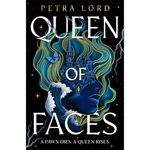 Book cover of 'Queen of Faces' by Petra Lord with a castle and face design.