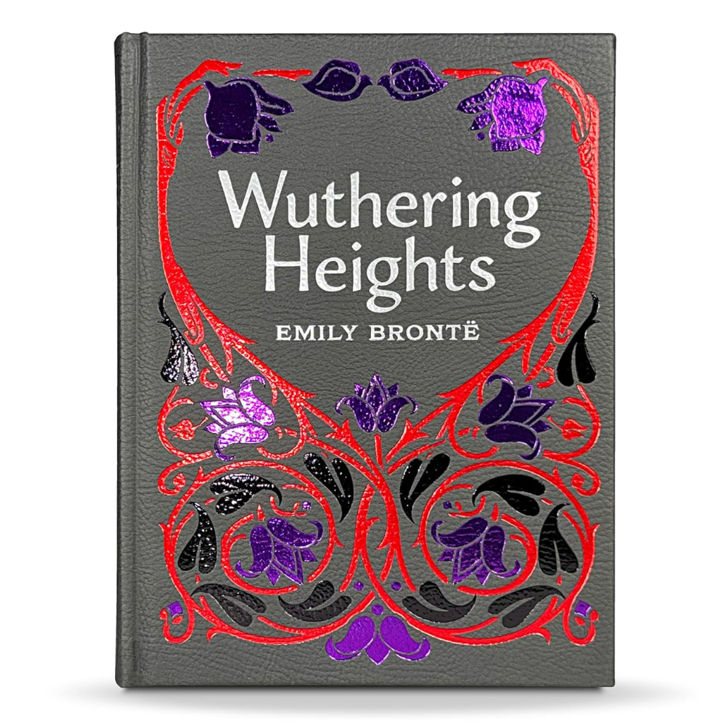 Book cover of 'Wuthering Heights' by Emily Bronte with decorative elements on a gray background