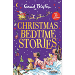 Book cover of 'Christmas Bedtime Stories' by Enid Blyton with illustrations of children and a dog in pajamas.
