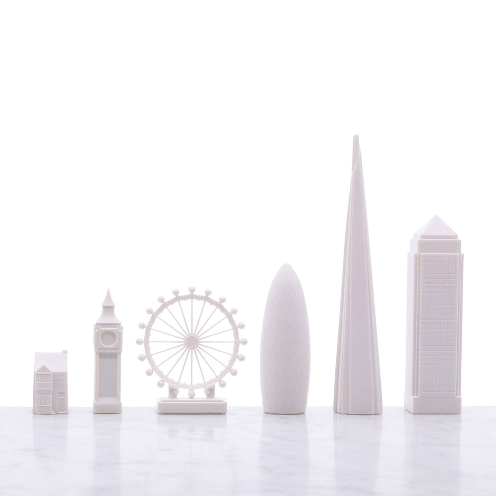 A selection of white pieced from London Skyline Chess Set