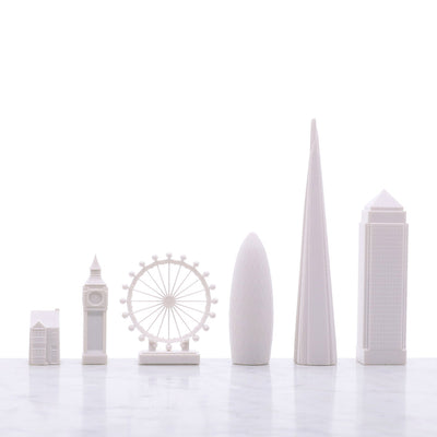 A selection of white pieced from London Skyline Chess Set