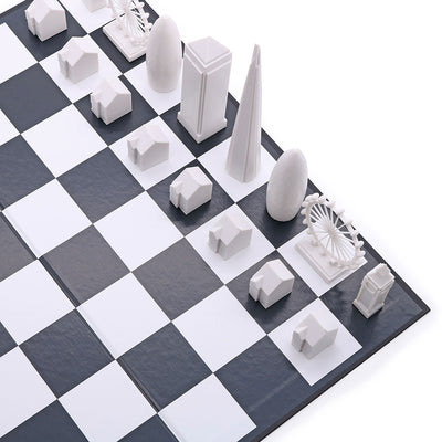 Aerial view of London Skyline Chess Set showing a selection of white pieces