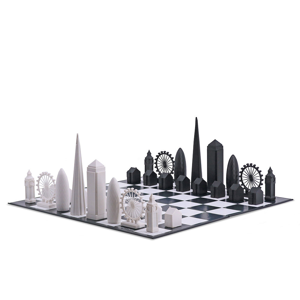 Side view of London Skyline Chess Set with all pieced and board