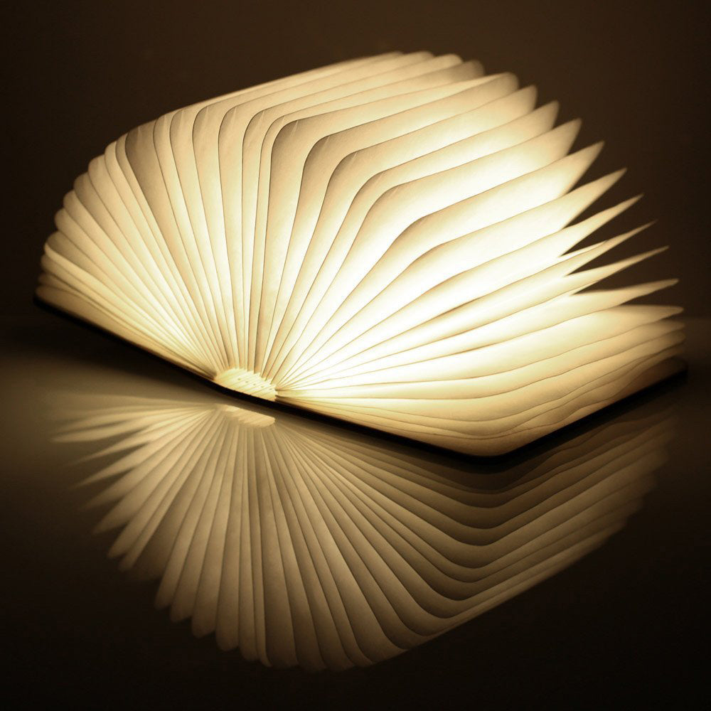 Smart Book Light Walnut open 180 degrees, dim lighting