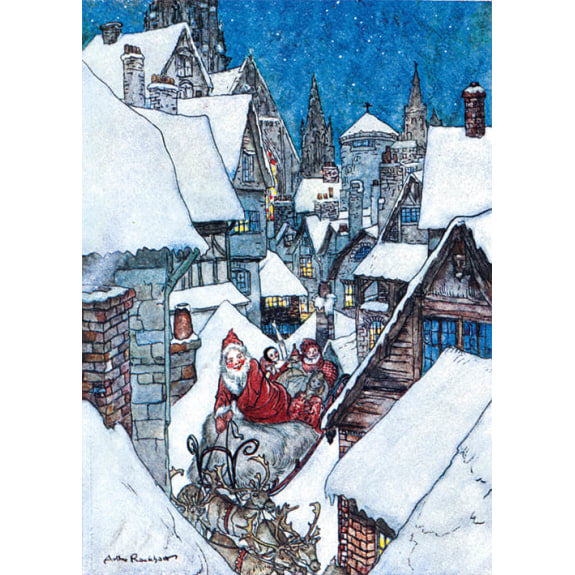 Pack of 8 cards featuring Father Christmas travelling through snowy streets