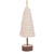 Charming white woolen Christmas tree decoration on a wooden base.