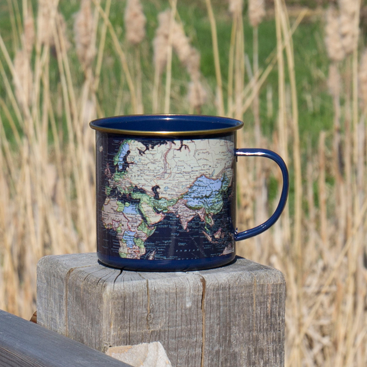 Lifestyle shot of Blue Map Enamel Mug