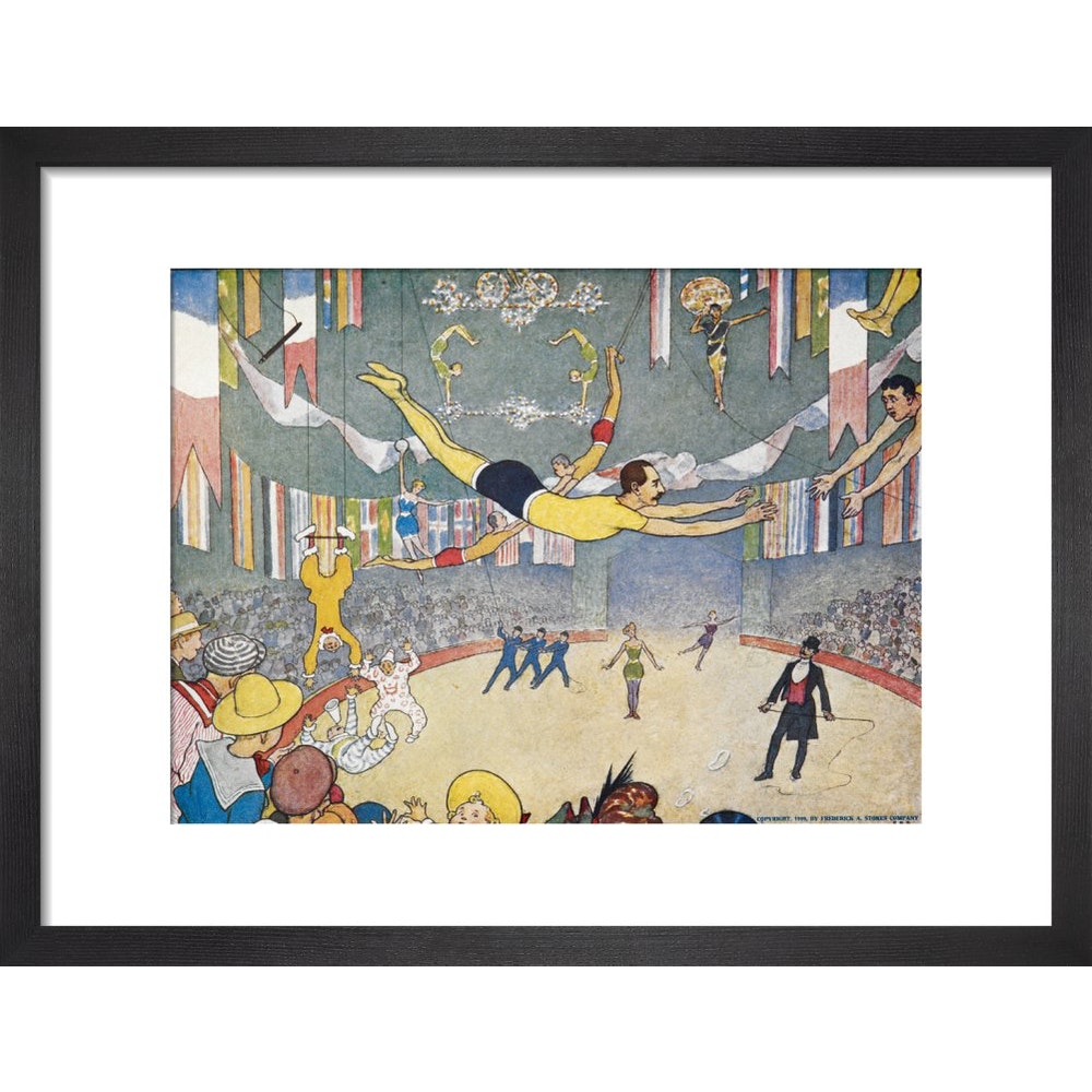 Trapeze Artists Leap through Space print in black frame