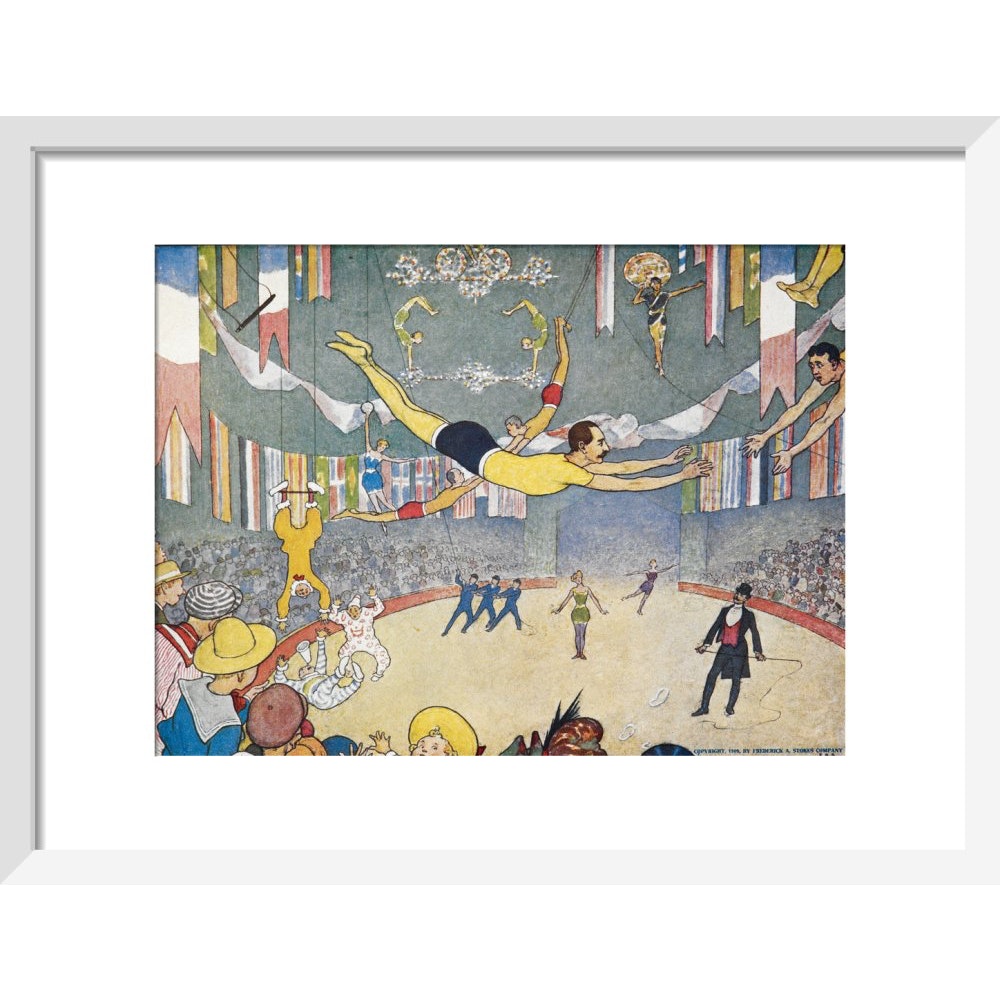 Trapeze Artists Leap through Space print in white frame
