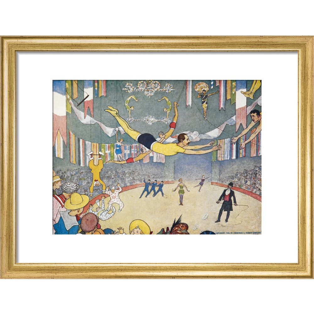 Trapeze Artists Leap through Space print in gold frame