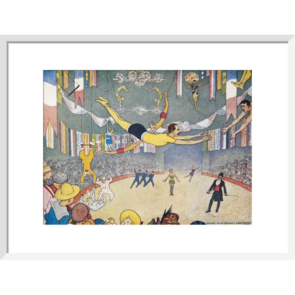 Trapeze Artists Leap through Space print in white frame