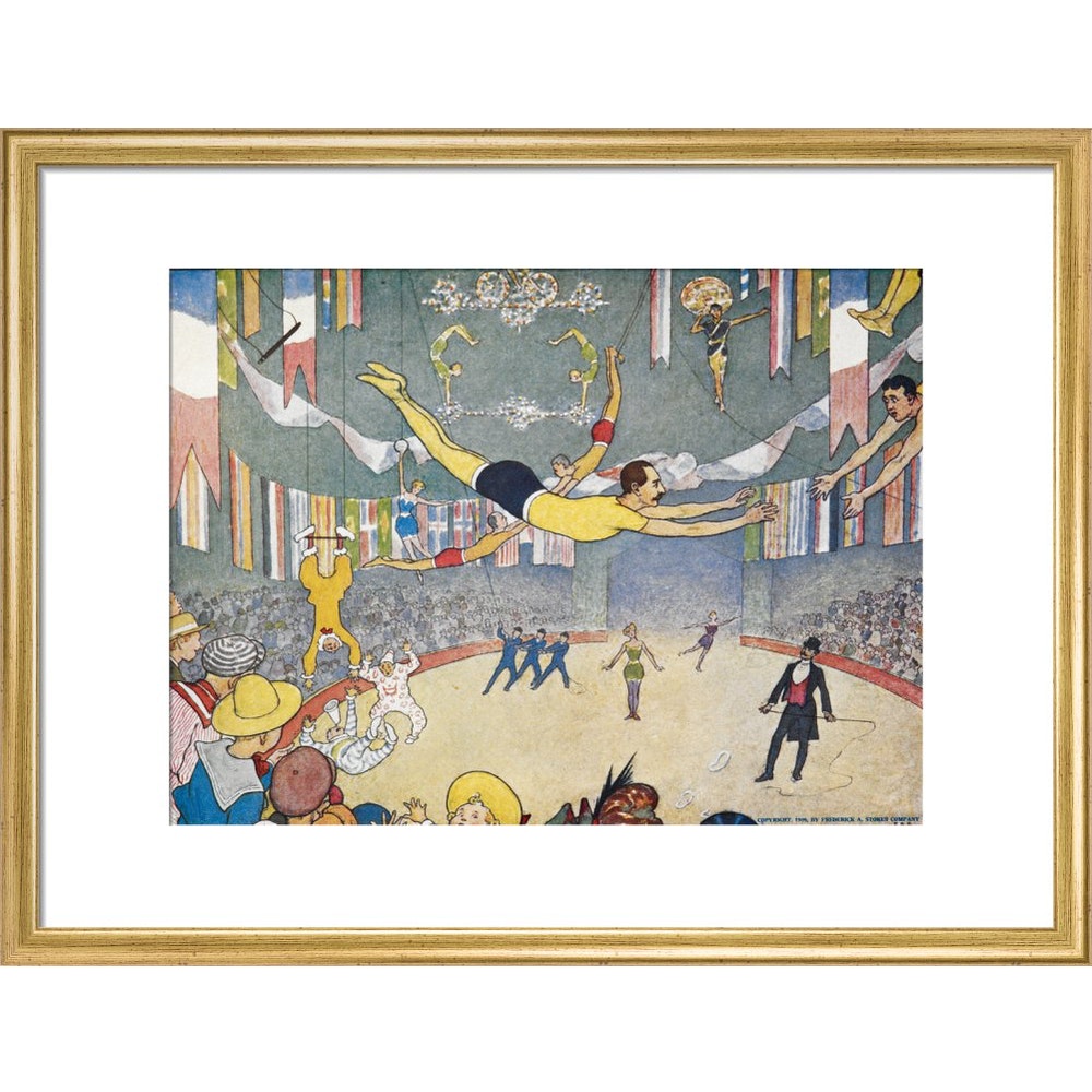 Trapeze Artists Leap through Space print in gold frame
