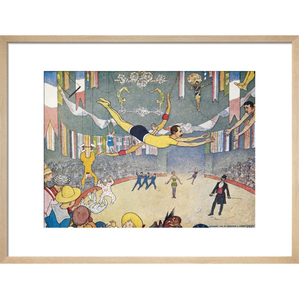 Trapeze Artists Leap through Space print in natural frame