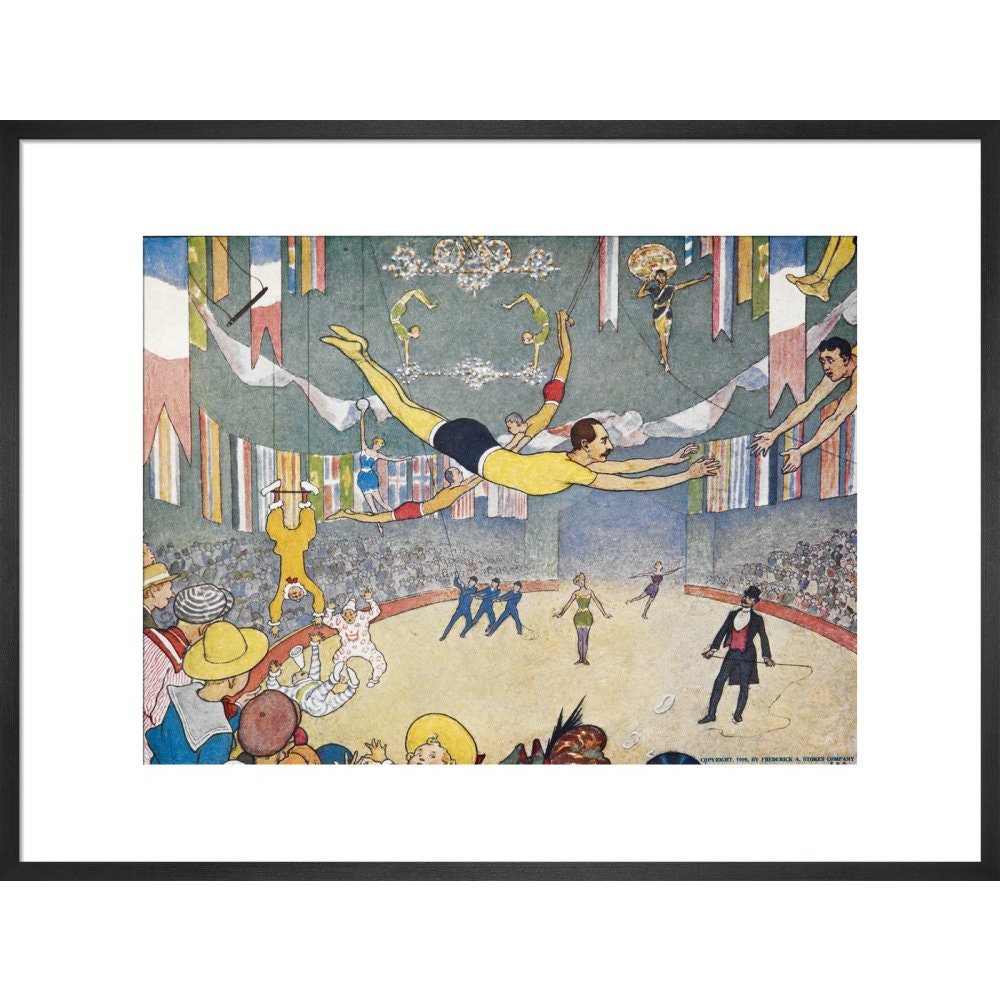 Trapeze Artists Leap through Space print in black frame