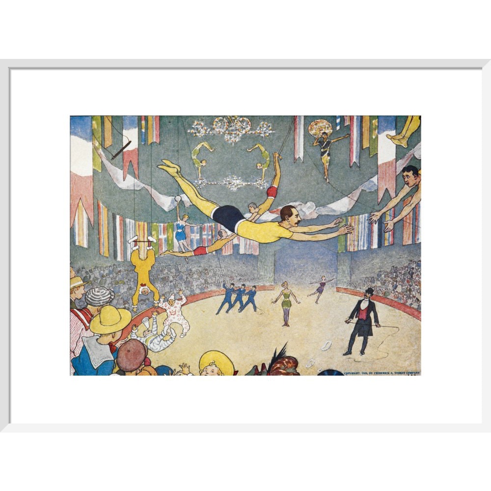 Trapeze Artists Leap through Space print in white frame