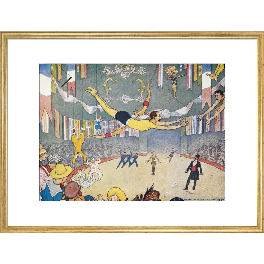 Trapeze Artists Leap through Space print in gold frame
