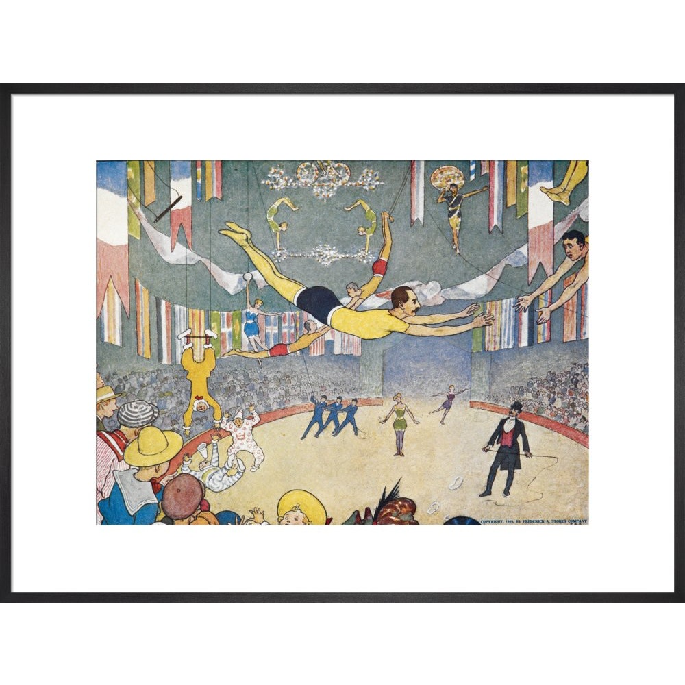 Trapeze Artists Leap through Space print in black frame