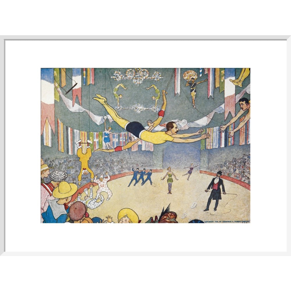 Trapeze Artists Leap through Space print in white frame