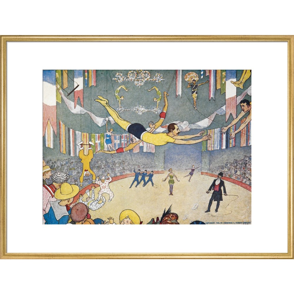 Trapeze Artists Leap through Space print in gold frame