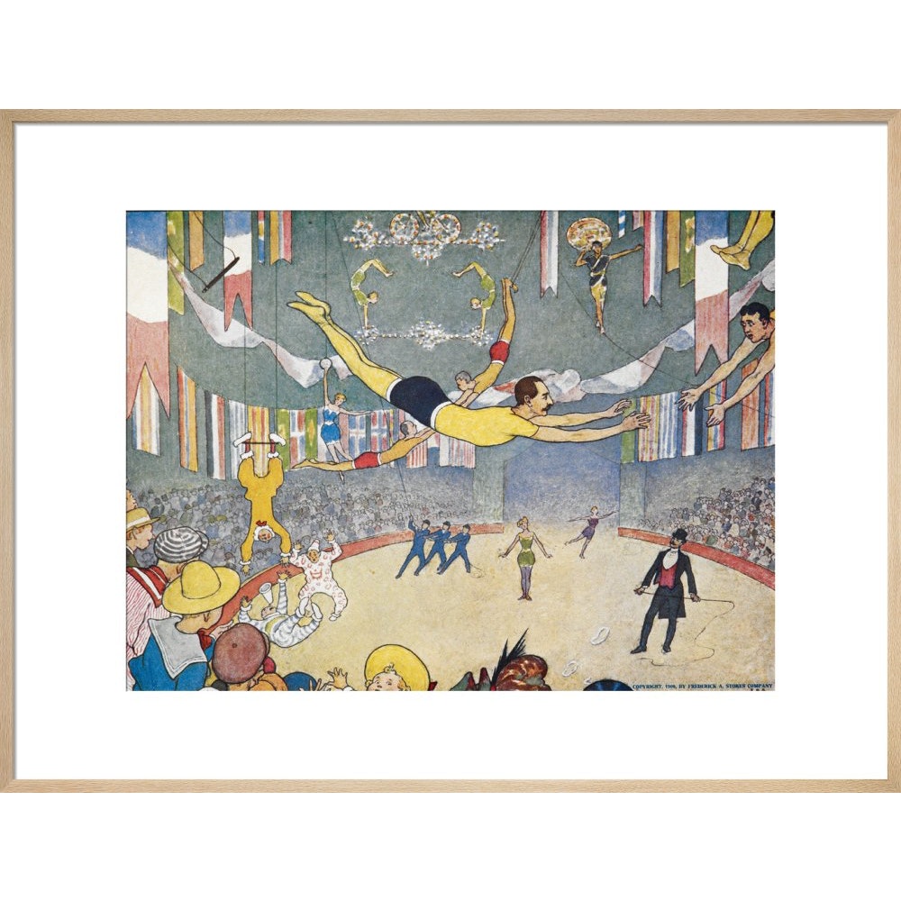 Trapeze Artists Leap through Space print in natural frame 