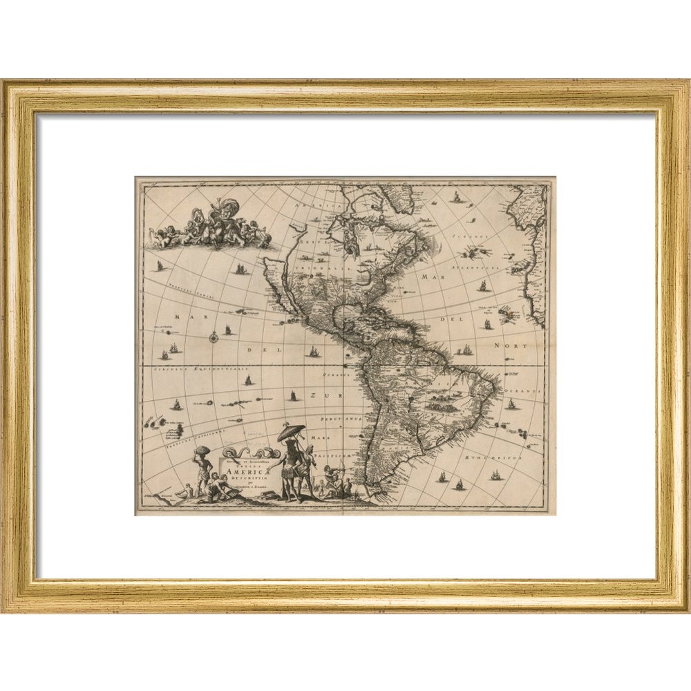 North and South America print in gold frame