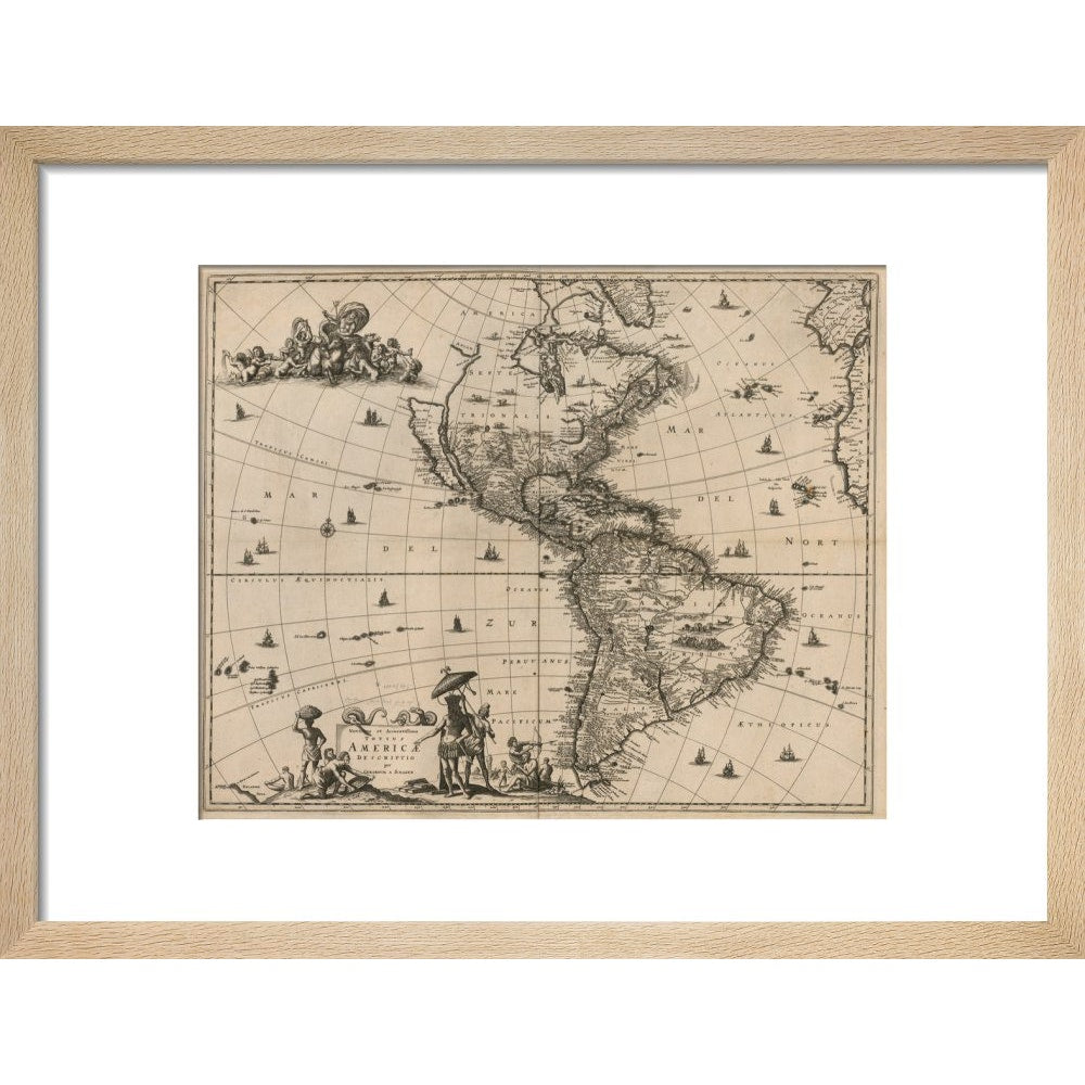 North and South America print in natural frame