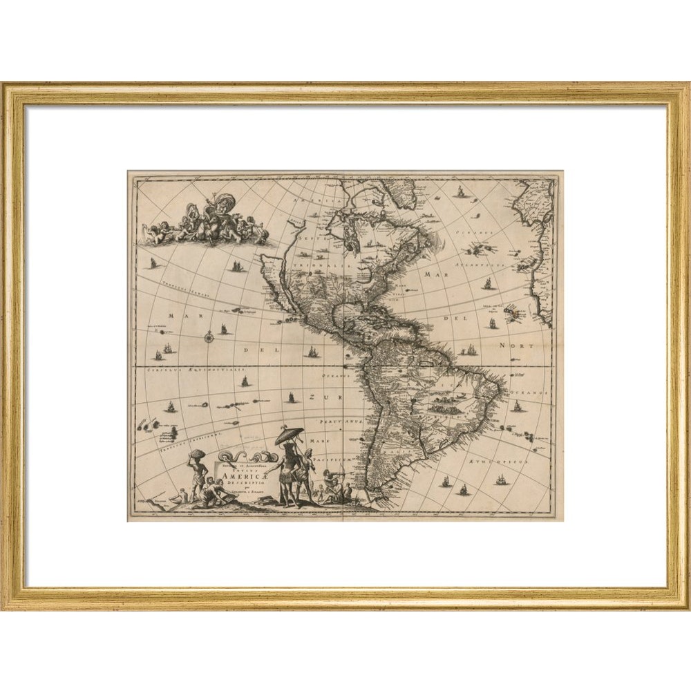 North and South America print in gold frame