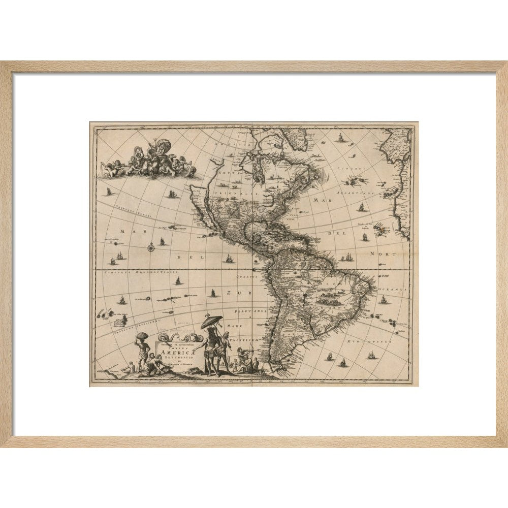 North and South America print in natural frame