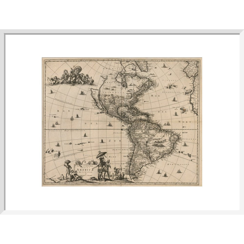 North and South America print in white frame