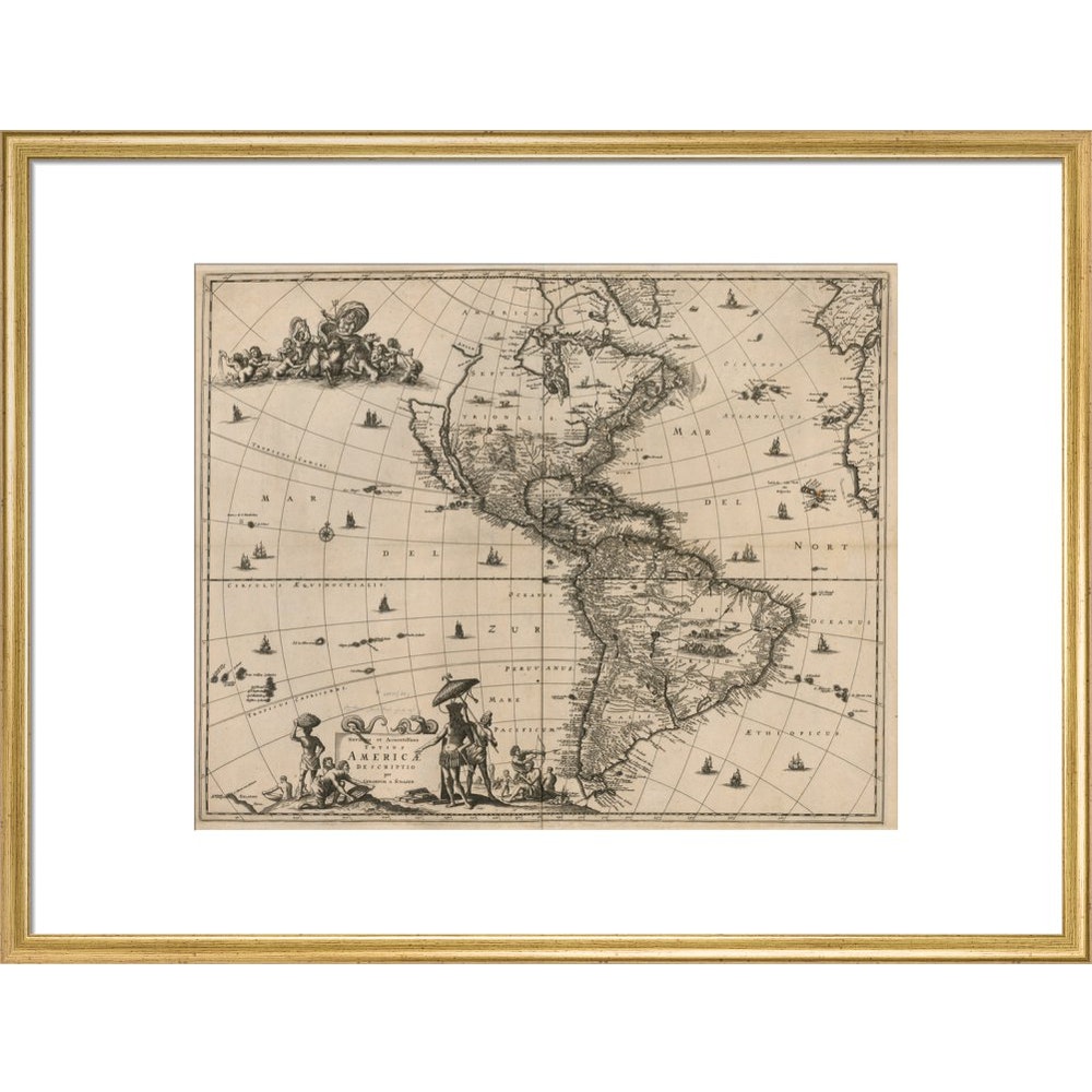 North and South America print in gold frame