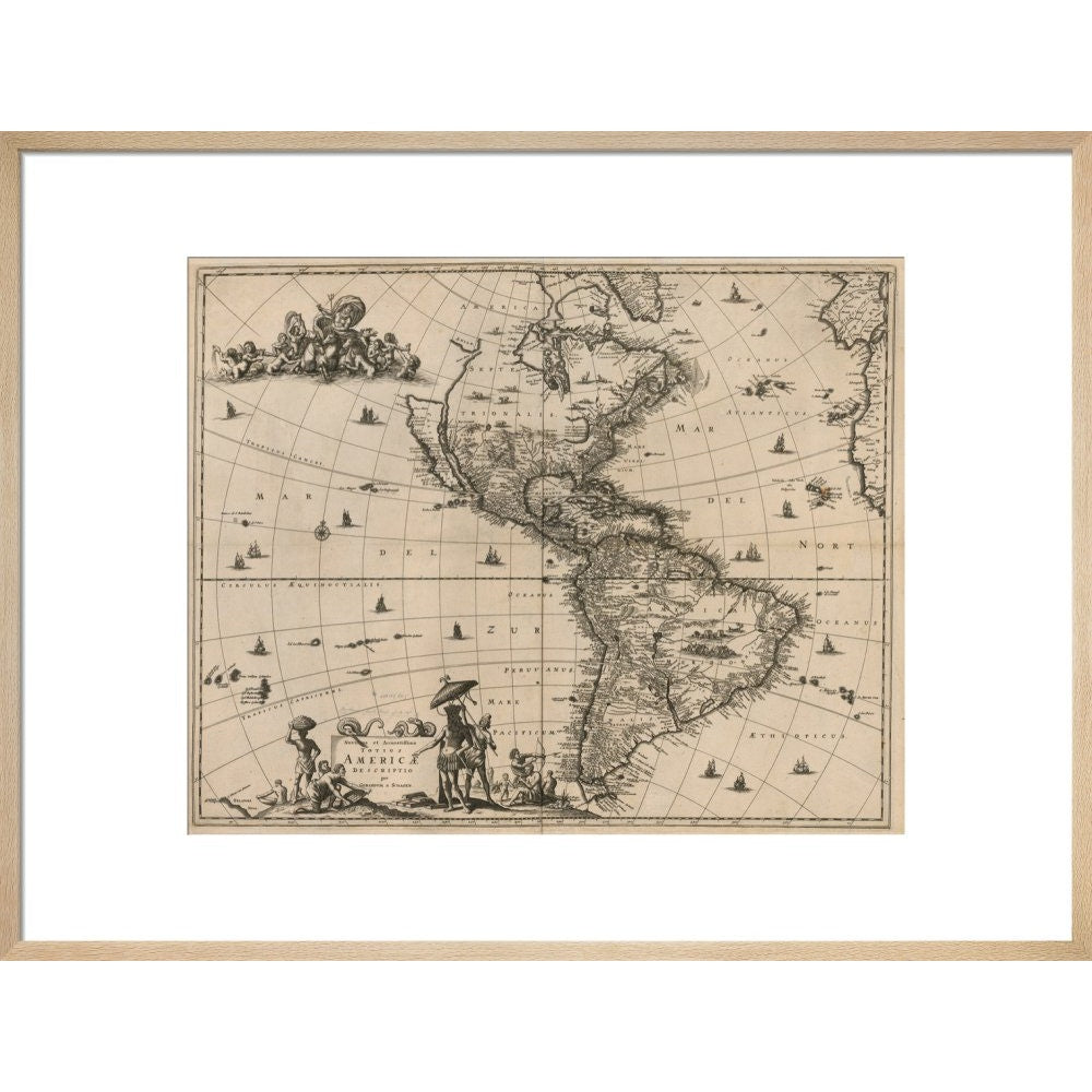 North and South America print in natural frame