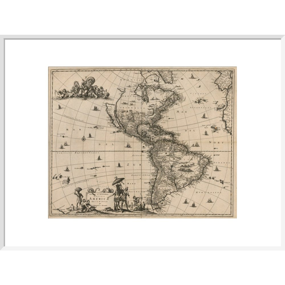North and South America print in white frame