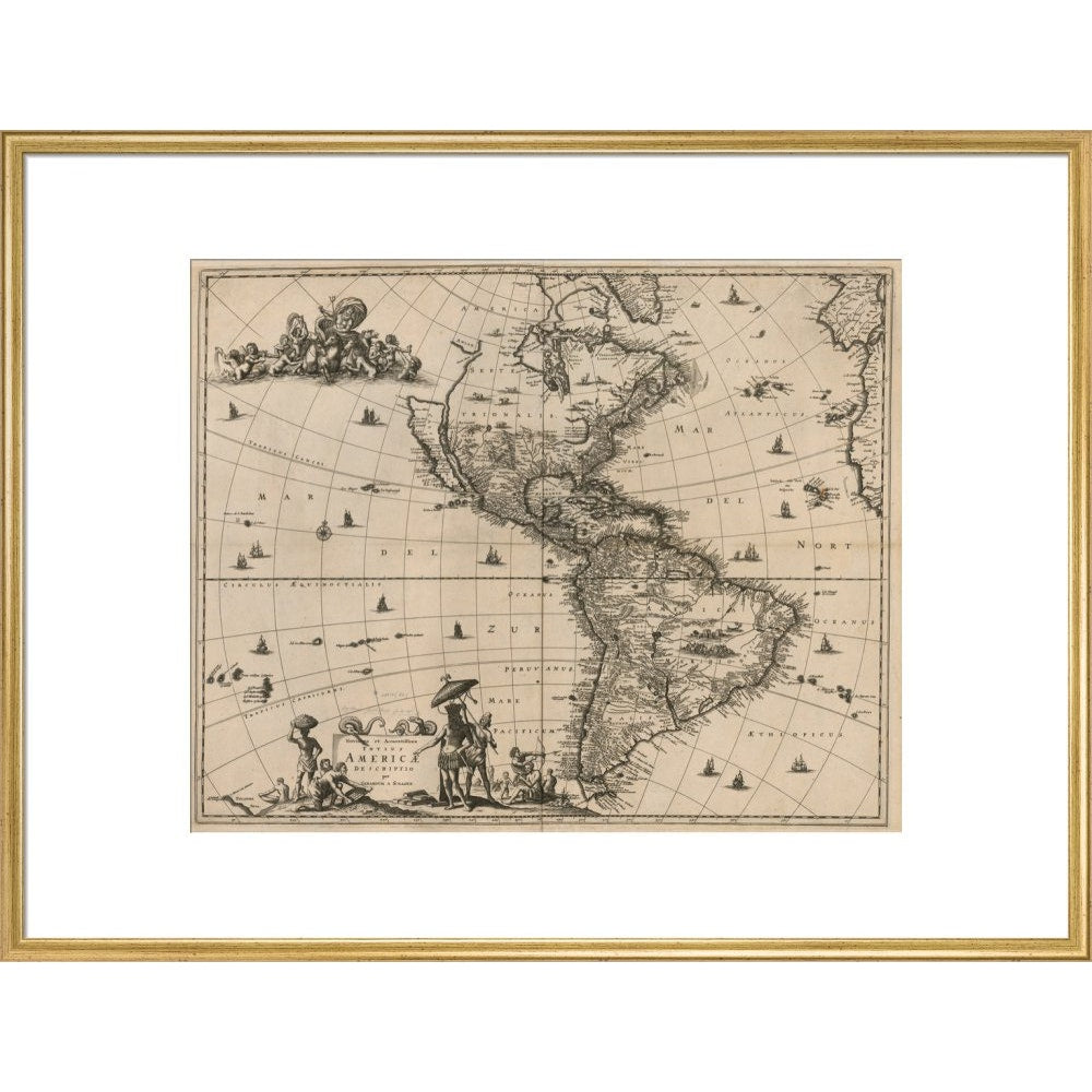 North and South America print in gold frame
