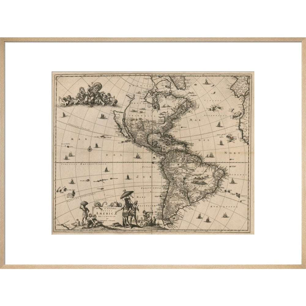 North and South America print in natural frame