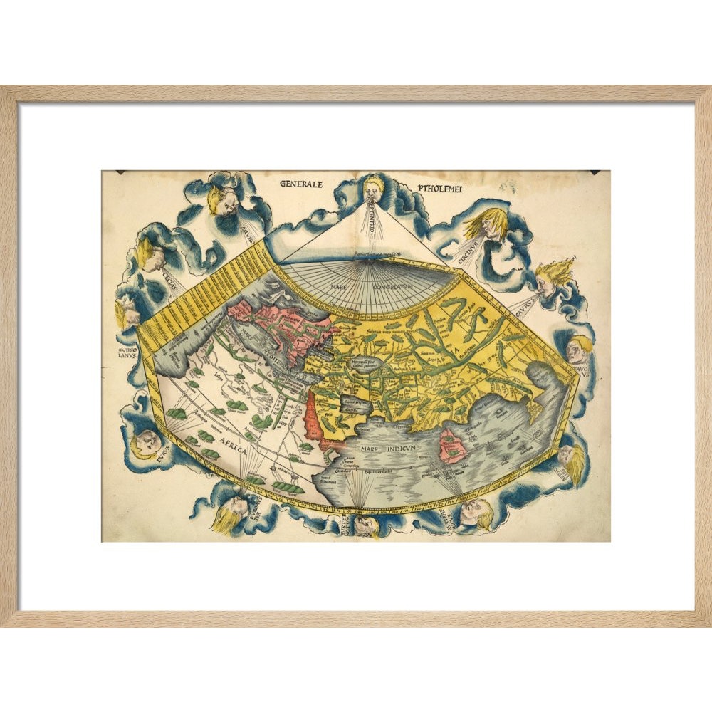 Ptolemic World Map print in natural frame