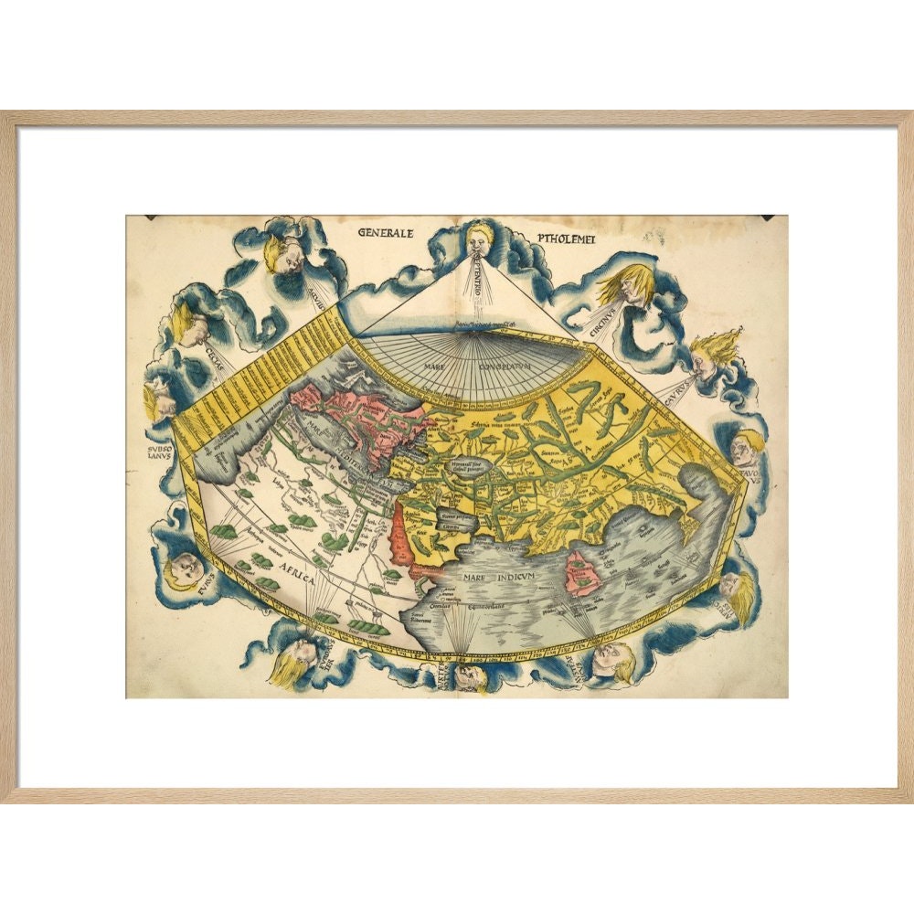 Ptolemic World Map print in natural frame