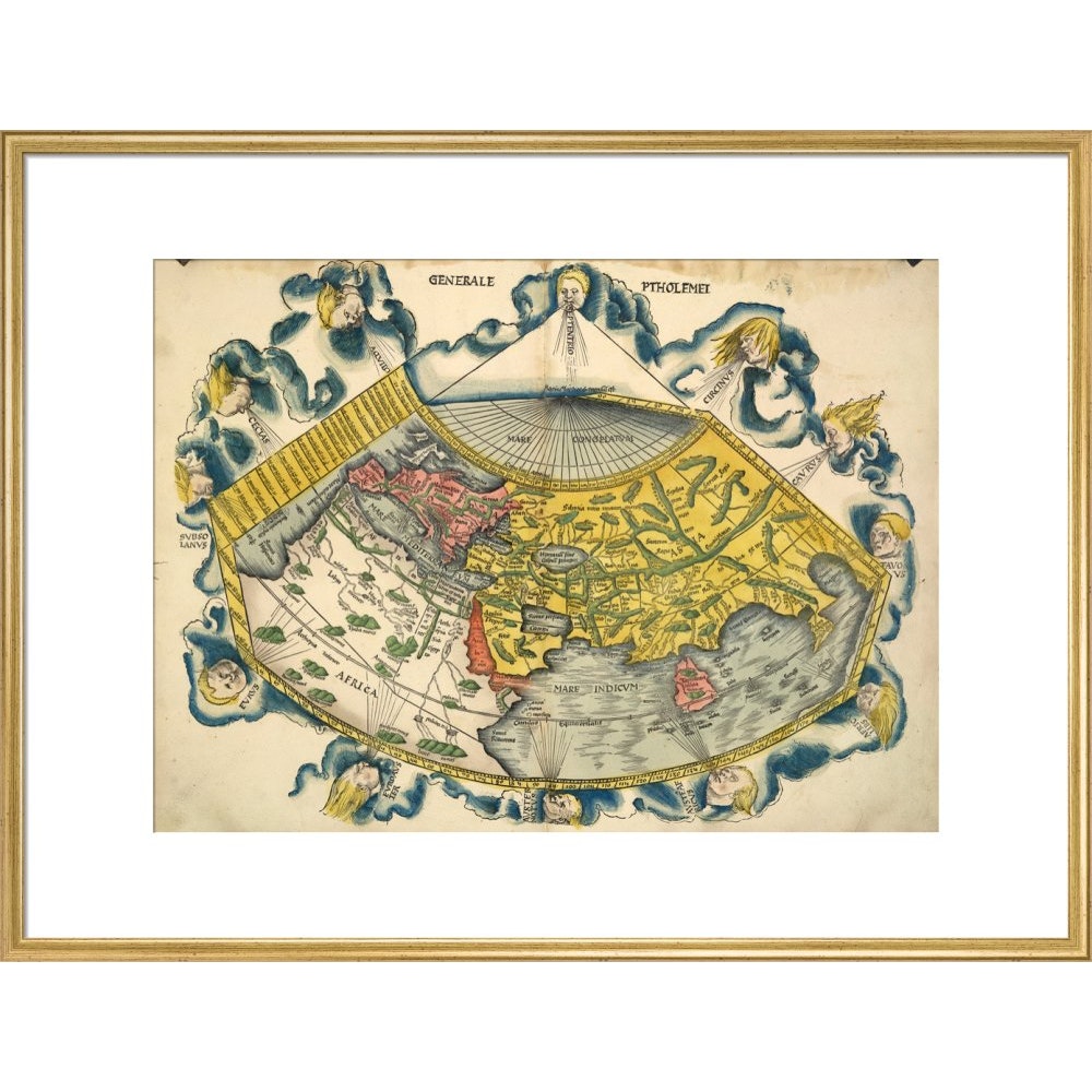 Ptolemic World Map print in gold frame