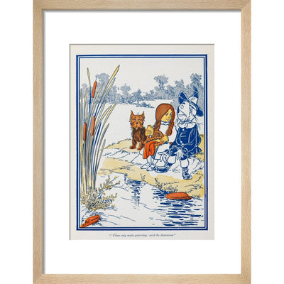 Toto, Dorothy and the Scarecrow at the Riverbank print in natural frame