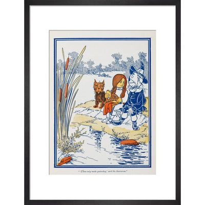 Toto, Dorothy and the Scarecrow at the Riverbank print in black frame