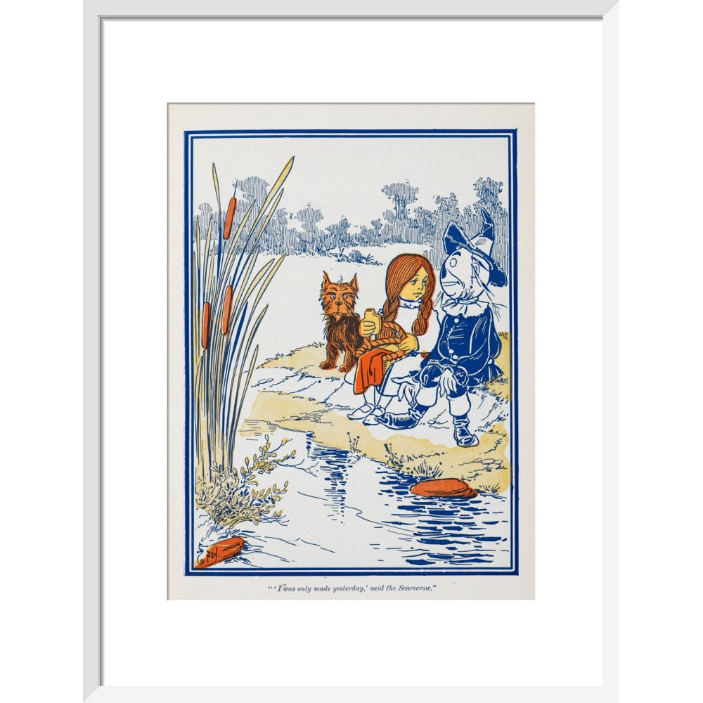 Toto, Dorothy and the Scarecrow at the Riverbank print in white frame