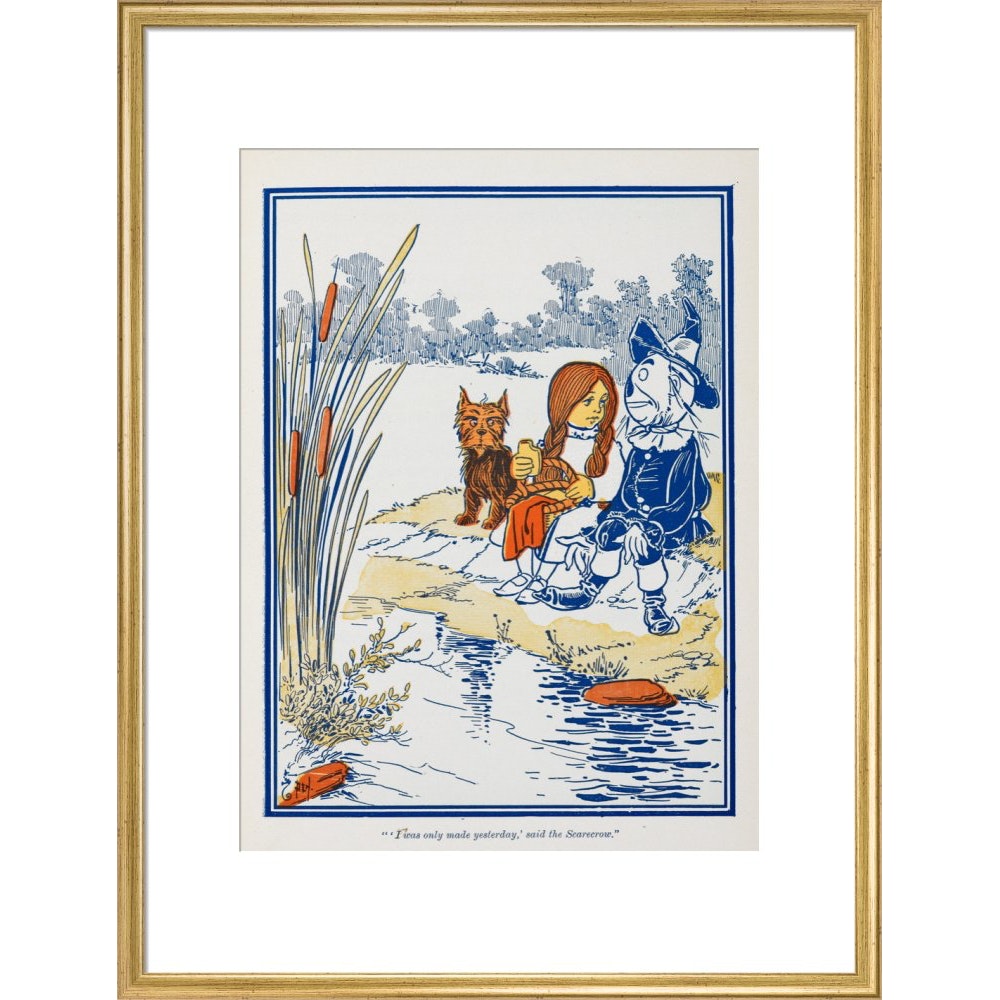 Toto, Dorothy and the Scarecrow at the Riverbank print in gold frame