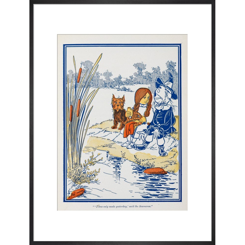 Toto, Dorothy and the Scarecrow at the Riverbank print in black frame