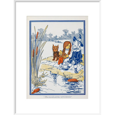 Toto, Dorothy and the Scarecrow at the Riverbank print in white frame