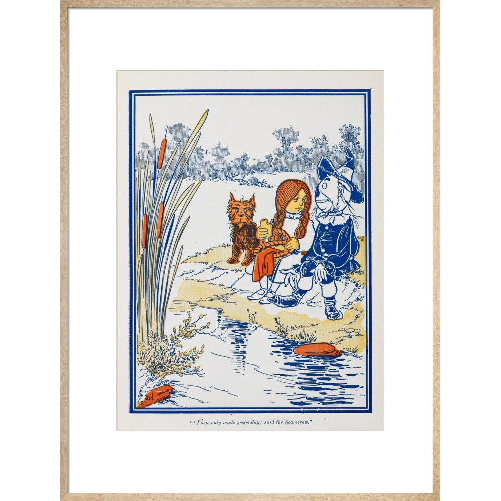 Toto, Dorothy and the Scarecrow at the Riverbank print in natural frame